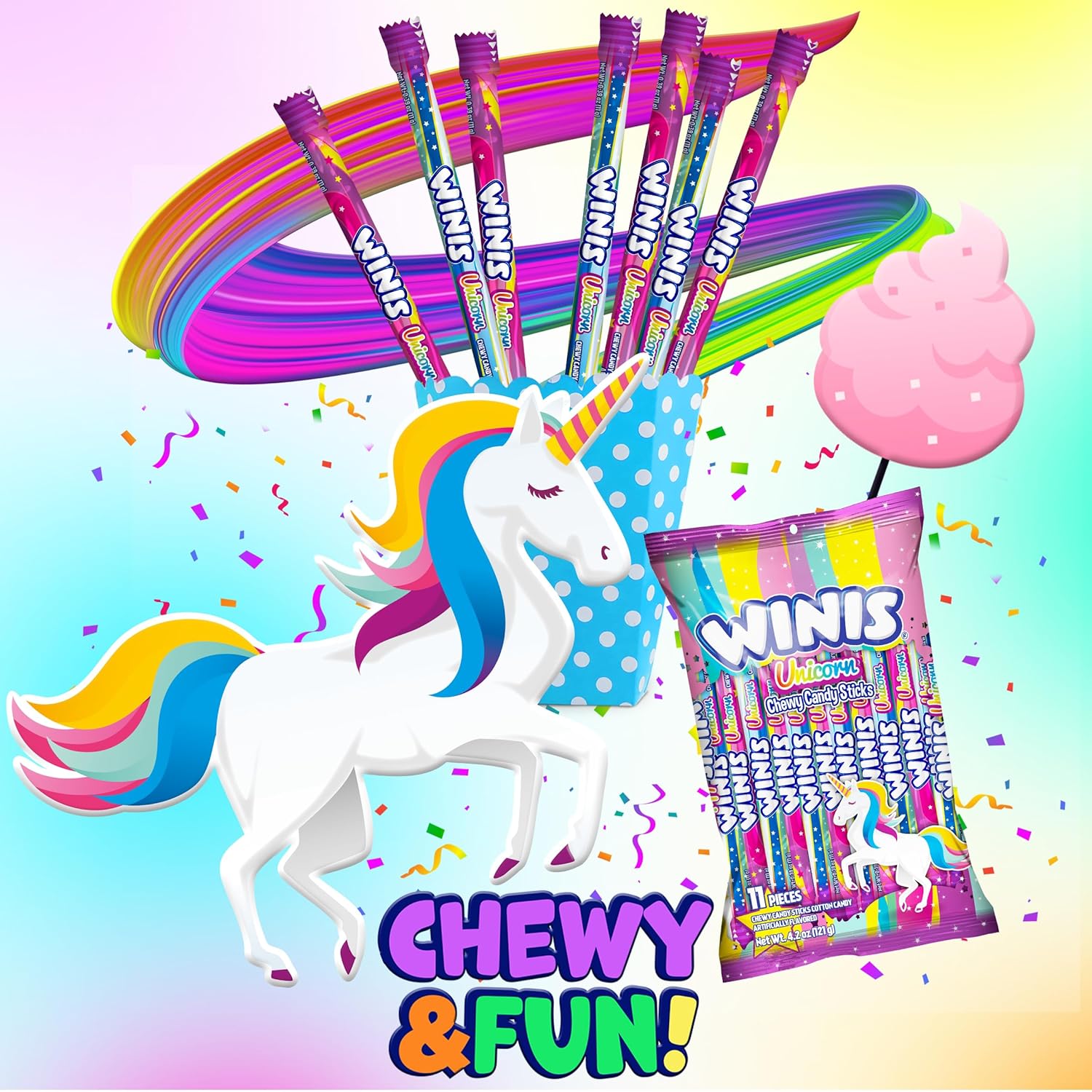 Winis Unicorn Chewy Candy Swirls - Cotton Candy Flavor Taffy - 4.3 Oz Bag (11 Count) - Soft Mexican Treats for Party Favors, Piñatas, and Snacking