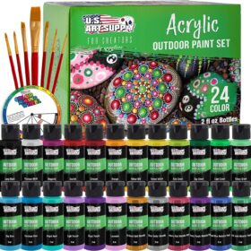 U.S. Art Supply 24-Color Outdoor Acrylic Paint Set with 7-Piece Brush Kit – 2oz Weatherproof Bottles for Canvas, Rocks, and Wood
