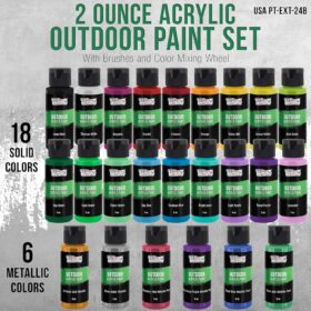 U.S. Art Supply 24-Color Outdoor Acrylic Paint Set with 7-Piece Brush Kit – 2oz Weatherproof Bottles for Canvas, Rocks, and Wood