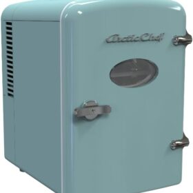 ARCTIC CHEF Compact Mini Refrigerator - 4 Liter Portable Desktop Cooler & Heater for Beverages, Skincare, and Lunch - 110V AC/12V DC - Includes Cords - Blue