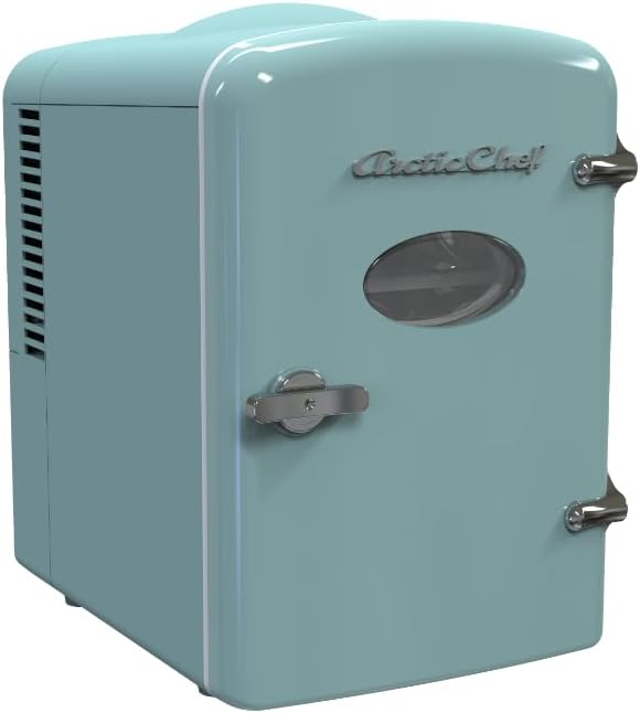 ARCTIC CHEF Compact Mini Refrigerator - 4 Liter Portable Desktop Cooler & Heater for Beverages, Skincare, and Lunch - 110V AC/12V DC - Includes Cords - Blue
