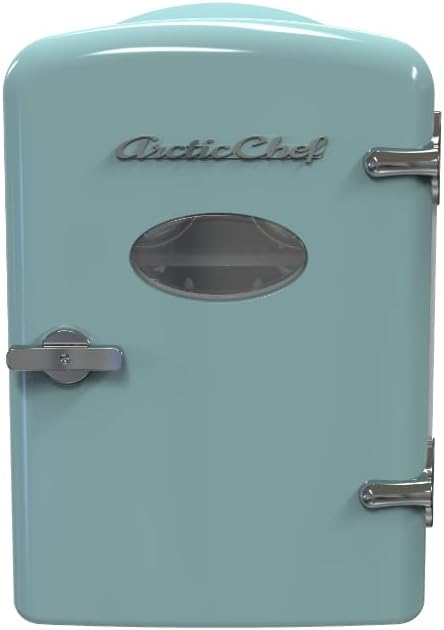 ARCTIC CHEF Compact Mini Refrigerator - 4 Liter Portable Desktop Cooler & Heater for Beverages, Skincare, and Lunch - 110V AC/12V DC - Includes Cords - Blue