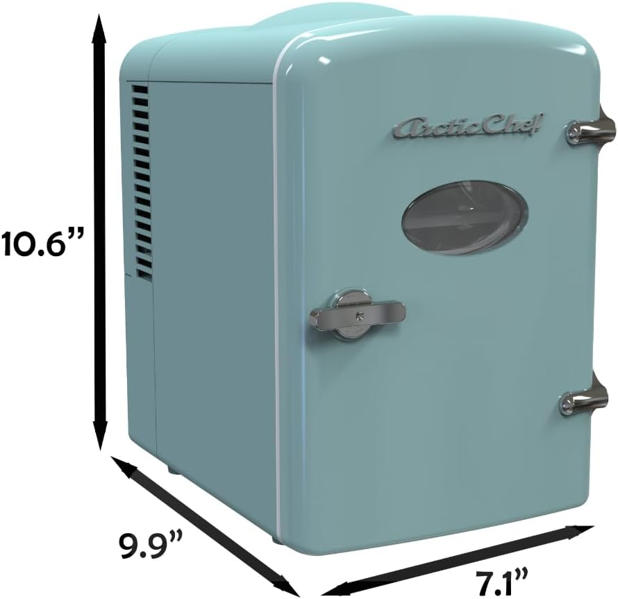 ARCTIC CHEF Compact Mini Refrigerator - 4 Liter Portable Desktop Cooler & Heater for Beverages, Skincare, and Lunch - 110V AC/12V DC - Includes Cords - Blue