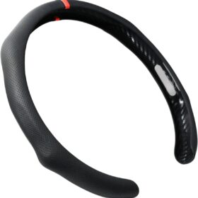 Sporty Perforated Nappa Leather Steering Wheel Cover - Universal Fit 14.5” to 15” - Red Stripe Trim for Enhanced Grip & Control