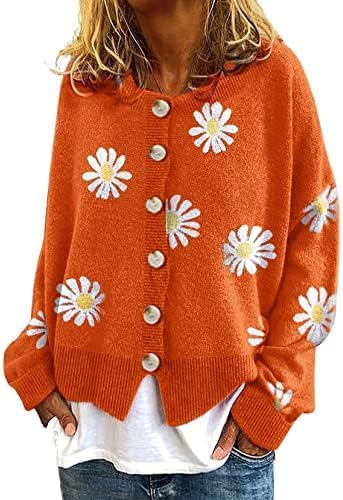 utcoco Women's Vintage Floral Cardigan - Oversized Cropped Cable Knit Sweater with Artistic Print