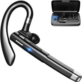 Bluetooth Earpiece with Charging Case - V5.1 Single Ear Headset with CVC 8.0 Noise Cancelling Mic, 450mAh Portable Charging Box, Mute Function for Hands-Free Driving, Office & Business (Compatible with iOS/Android)