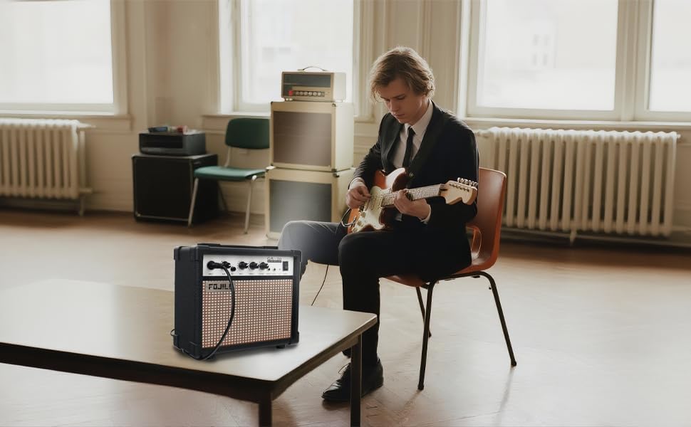 Fojill 20W Electric Guitar Amplifier – Portable Practice Amp with Headphone Jack, Distortion, Gain, and EQ Controls (Black)