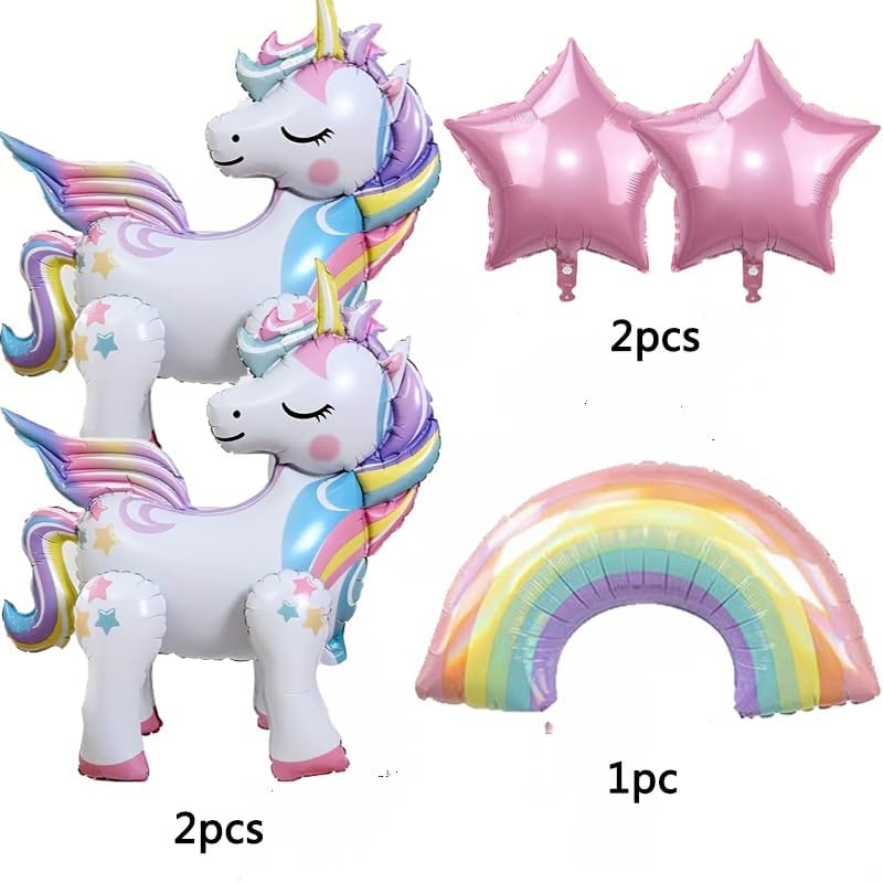 5-Piece Self-Standing Unicorn Balloon Set – 3D Rainbow & Star Foil Party Decorations for Birthdays