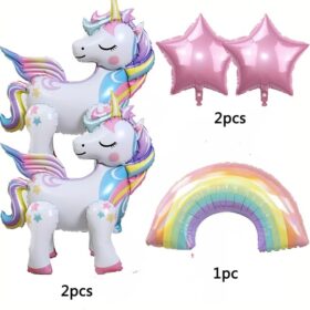 5-Piece 3D Self-Standing Unicorn & Rainbow Foil Balloon Set – Large Unicorn, Star, and Rainbow Birthday Party Decorations