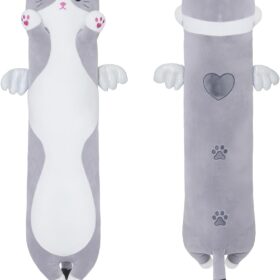 Giant Grey Cat Plush Pillow – Soft Stuffed Long Body Kawaii Toy with Wings for Kids, Girls & Room Decor (50cm/19.6in)
