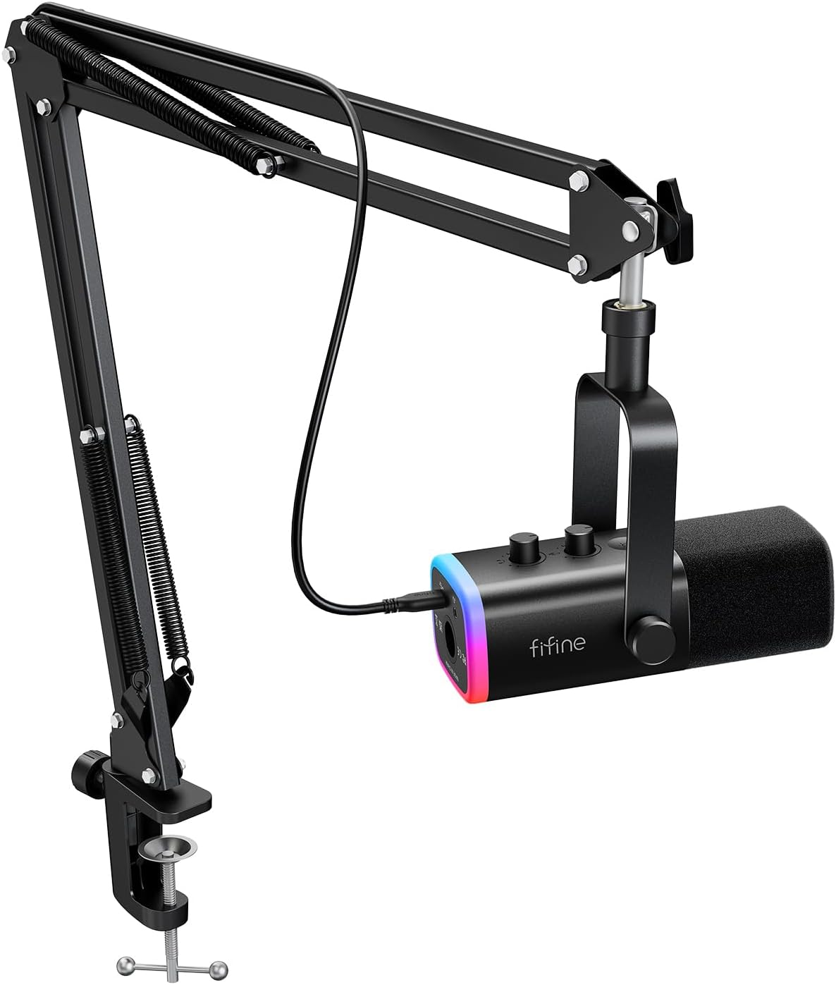FIFINE AM8T Dynamic USB/XLR Gaming Microphone with RGB Lighting & Boom Arm Stand – Plug & Play PC Streaming Kit with Mute Button, Headphone Jack & Volume Control for Podcasts, Voice-Over, and Recording
