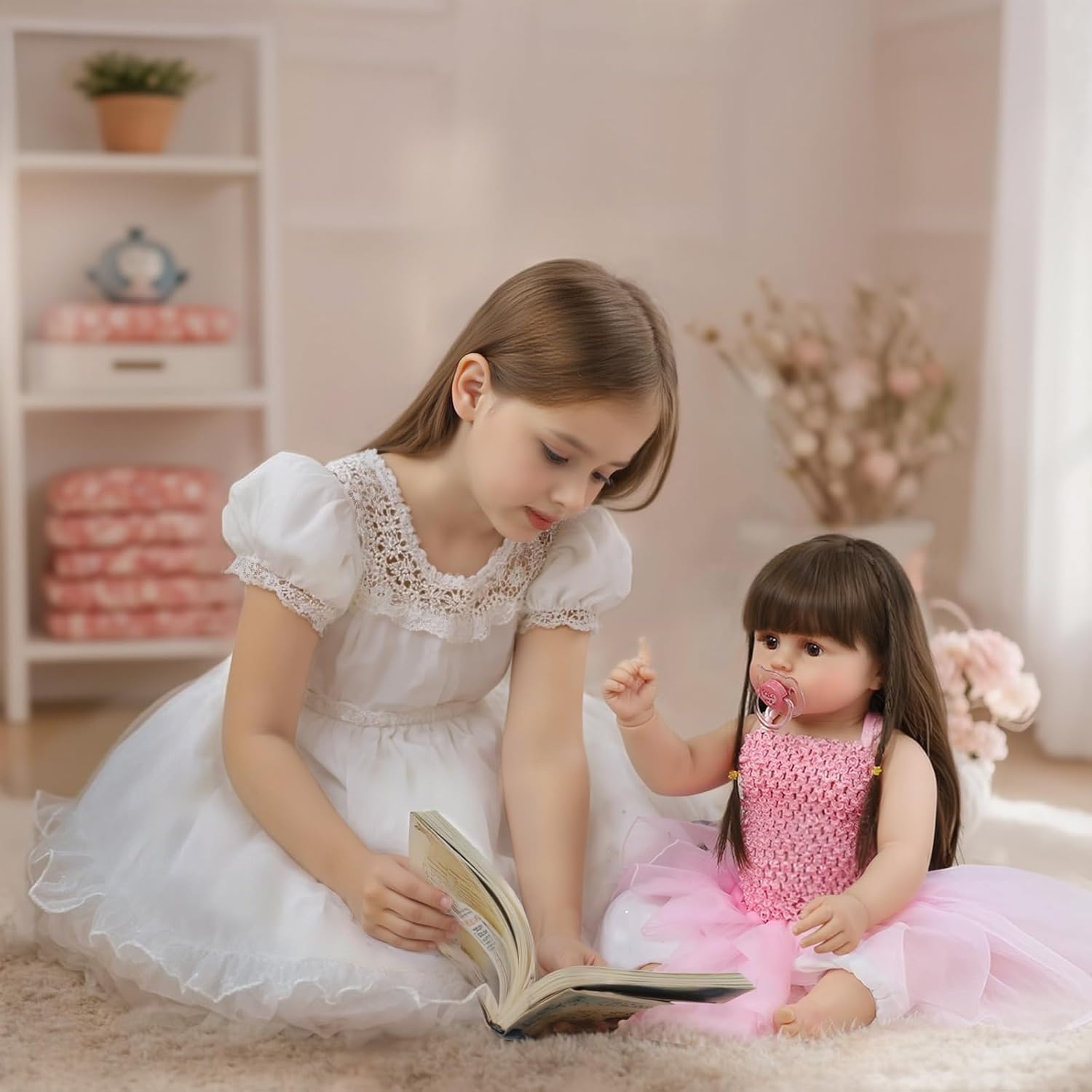 22 Inch Reborn Baby Doll - Lifelike Girl with Hair, Full Vinyl Body & 8-Piece Gift Set - Soft Silicone Realistic Newborn Toy for Kids Age 3+ (Alicia)