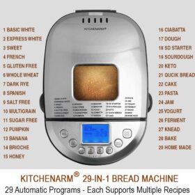 KitchenArm 29-in-1 Smart Bread Machine – 2LB Gluten Free Bread Maker with Customizable Cycles, Stainless Steel