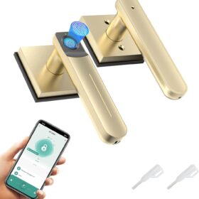 Gavdhe Smart Biometric Door Lock with App Control – Keyless Entry Fingerprint Deadbolt, Auto-Lock & Anti-Peephole, Battery Powered for Home, Office & Apartment (Gold)