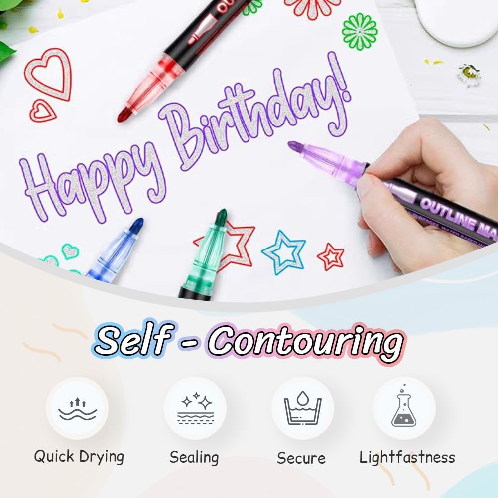 12-Color Metallic Double Line Outline Markers – Dual-Tip Glitter Pens for Scrapbooking, DIY Crafts, Greeting Cards & Art Projects
