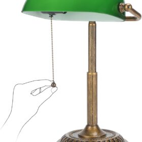 NISSAFORS Vintage Banker's Lamp – Emerald Green Glass Desk Lamp with Antique Brass Pull Chain Switch for Home Office, Library & Piano