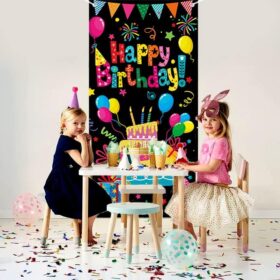 GYA Black Colorful Happy Birthday Door Banner - 180x90cm Polyester Porch Sign with Copper Grommets - Reusable Party Decoration for Kids, Babies, & Showers