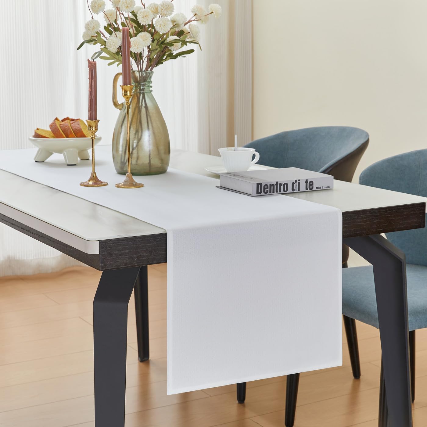 YATOJUZI Waterproof Farmhouse Table Runner - 16x72 Inch Neutral White Polyester Tablecloth for Dining, Kitchen, Coffee Tables & Home Decor