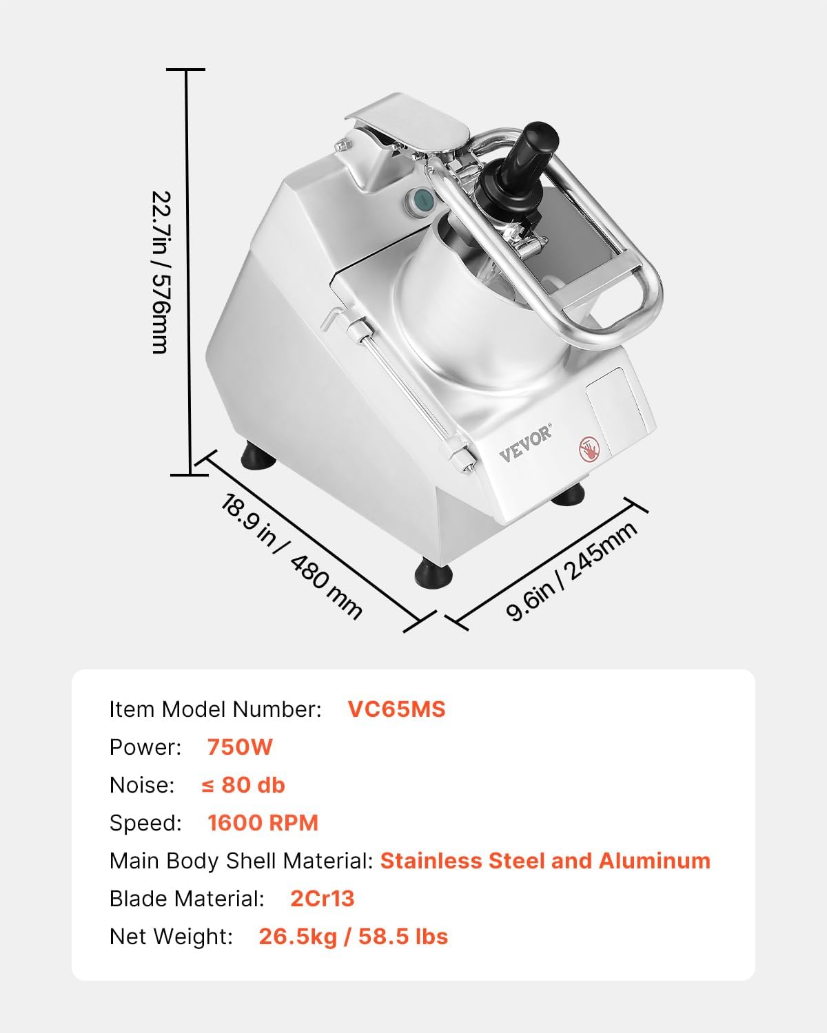 VEVOR Commercial Food Processor with Dual Feed Chutes – 750W Electric Vegetable Chopper & Slicer with 6 Stainless Steel Blades and 4mm/2mm Shredding Discs
