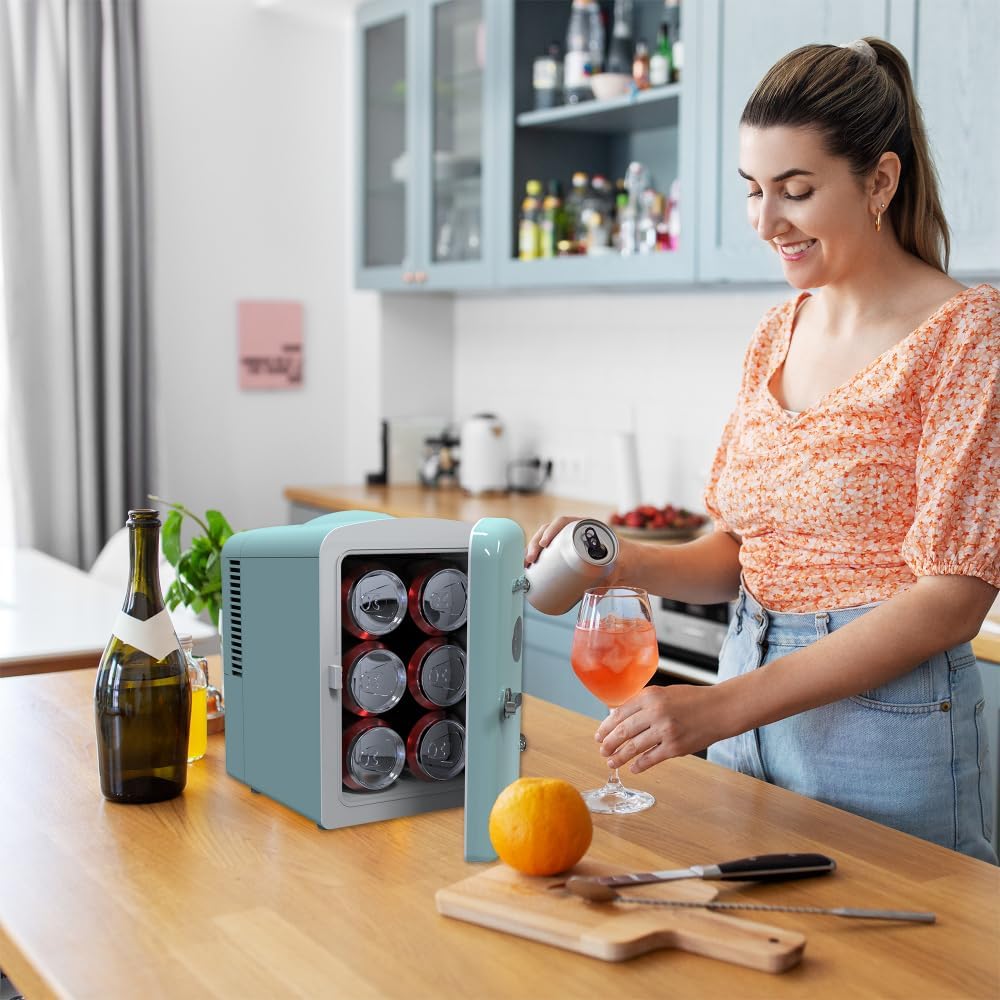 ARCTIC CHEF Compact Mini Refrigerator - 4 Liter Portable Desktop Cooler & Heater for Beverages, Skincare, and Lunch - 110V AC/12V DC - Includes Cords - Blue