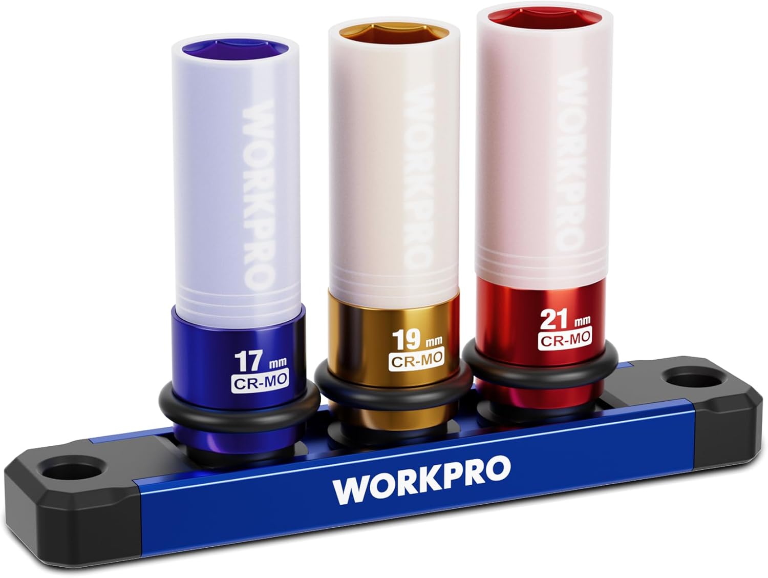 WORKPRO 3-Piece 1/2" Drive Impact Lug Nut Socket Set – 17mm, 19mm, 21mm Deep Thin Wall with Protective Sleeves – Cr-Mo Steel