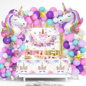 Unicorn Party Decorations Kit - 135-Piece Mega Set with 3D Foil Balloons, Backdrop, Table Cover, Tassel Curtains & Arch Garland Supplies - Magical Pink, Rose Gold, Purple Birthday Theme