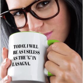 3dRose Two-Tone Green Coffee Mug - 'Today I will be as useless as the letter G in lasagna' - 15oz Funny Gag Gift & Office Humor Decor - High Gloss Ceramic