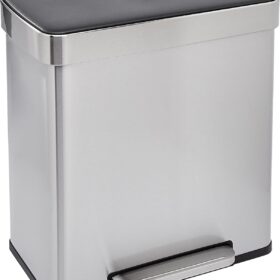 Amazon Basics 60-Liter Dual-Compartment Rectangular Trash Can with Soft-Close Lid and Removable Buckets, Grey/Silver