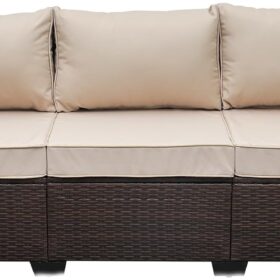 WAROOM Outdoor PE Wicker 3-Person Patio Sofa Set – Deep Seating Brown Rattan Couch with Beige Cushions, Water-Resistant Covers & Weather-Resistant Steel Frame for Garden, Porch & Poolside