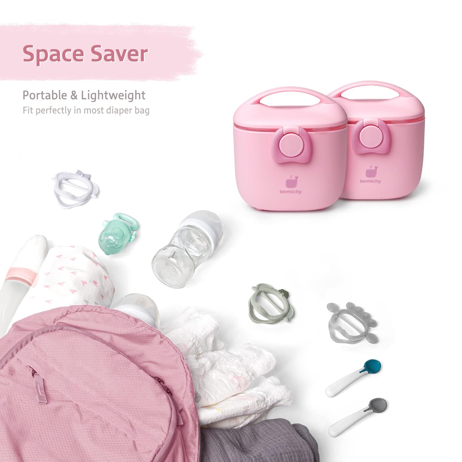Termichy Baby Formula Dispenser – Portable 8.8oz Milk Powder Container with Handle, Airtight Seal & Scoop Compartment – Travel-Ready Food Storage for Infants (Light Pink)