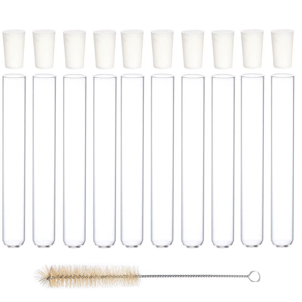 Premium Clear Glass Test Tubes with Rubber Stoppers – 150mm x 20mm (Pack of 10) – Includes Cleaning Brush | Reusable Science Lab Supplies, Herb Storage & Wedding Party Favor Vials