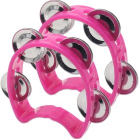 2-Pack Pink Plastic Tambourines – Handheld Percussion Instruments with 4 Jingle Bells for Kids, Music Education, Kirtan, and Church Choir