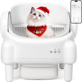 Automatic Cat Litter Box with App Control - Open Top Self-Cleaning Design for Multiple Cats, 7-Point Safety Sensors, Odor-Lock 10.5L Waste Bin, Cream White