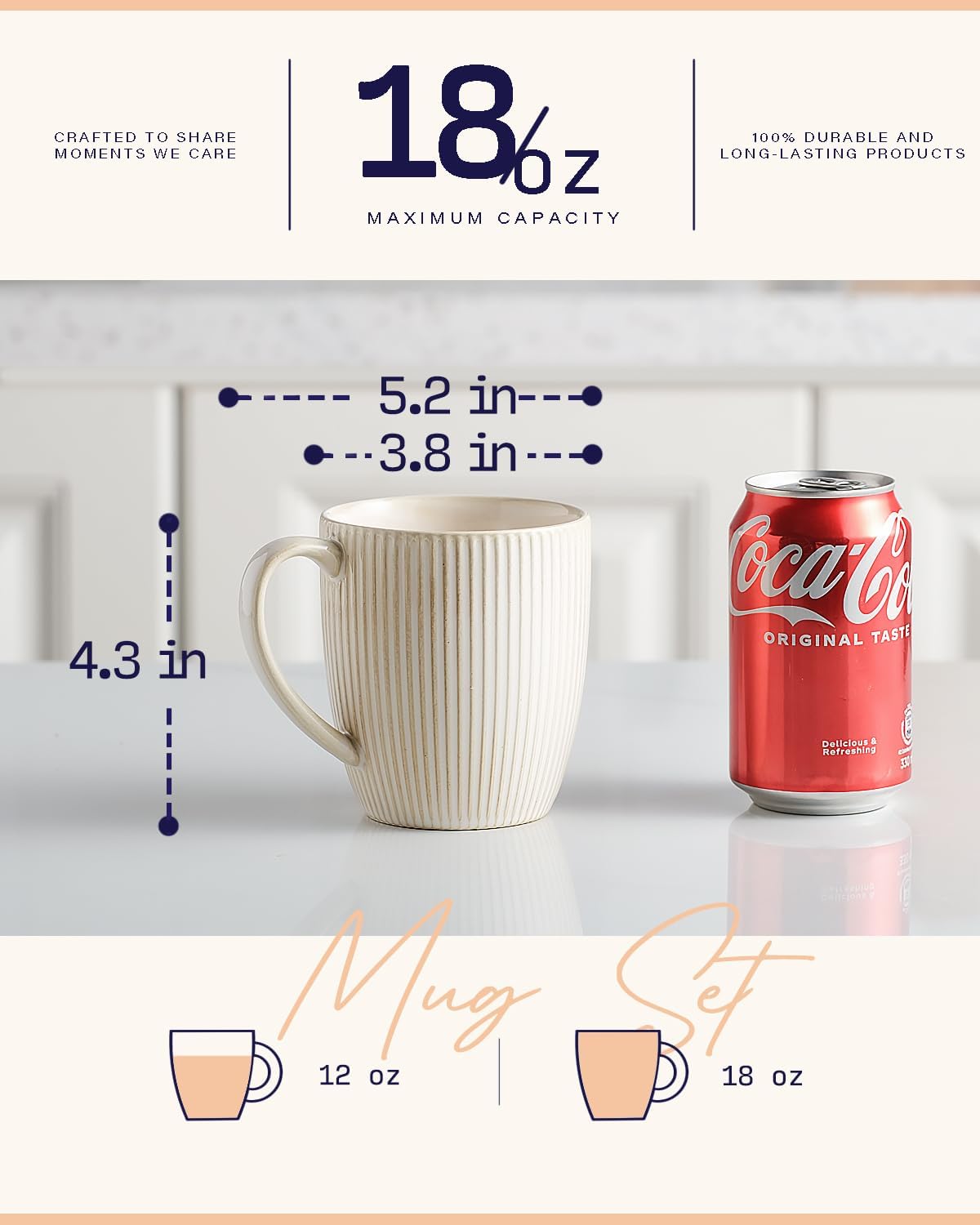 getstar 18oz Ceramic Coffee Mugs Set of 4 - Large Microwave & Dishwasher Safe Cups with Comfort Handles - Rustic Farmhouse Drinkware for Latte, Tea, and Cocoa