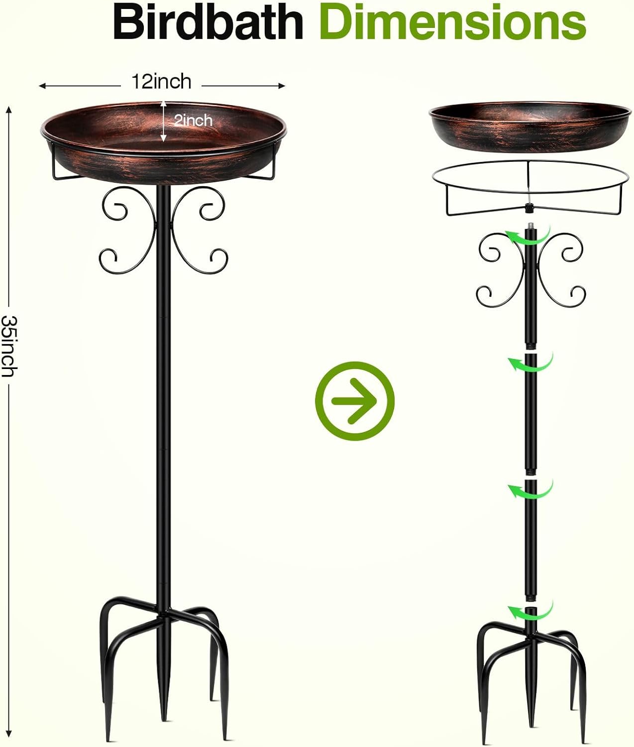 Daoeny Antique Bronze Metal Bird Bath for Outdoors – 35-Inch Freestanding Bird Bath Basin with 5-Prong Base for Garden, Lawn, & Yard Décor