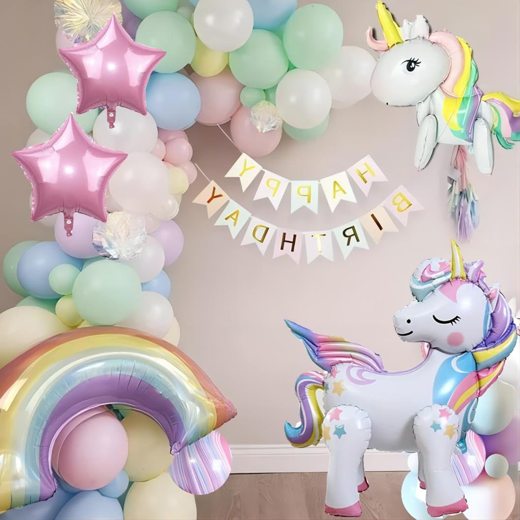 5-Piece Self-Standing Unicorn Balloon Set – 3D Rainbow & Star Foil Party Decorations for Birthdays