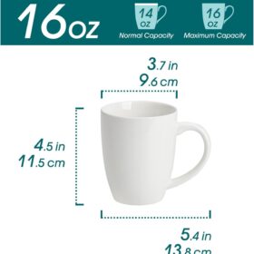 vancasso 16oz Ceramic Coffee Mugs Set of 6 - Large White Tea Cups with Handles - Dishwasher & Microwave Safe Porcelain Latte, Cappuccino, and Milk Cups for Kitchen, Office, and Cafe