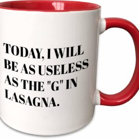 3dRose 'Useless as G in Lasagna' Two-Tone Coffee Mug | 15oz Novelty Ceramic Cup with High-Gloss Finish & Ergonomic Handle | Funny sarcastic gift for Office Coworkers, Friends, and Family (Red)