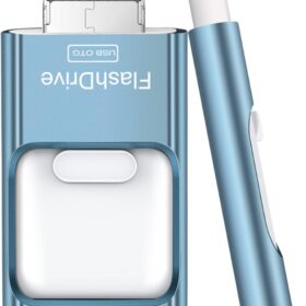 256GB 4-in-1 Flash Drive for iPhone & iPad – USB Type C Memory Stick, External Storage Photo Stick for Android, PC & Mac (Sky Blue)