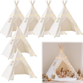 Quaocens 6-Pack Kids Teepee Tent Set with Fairy Lights – Collapsible Canvas Play Forts for Boys & Girls Indoor & Outdoor Slumber Parties