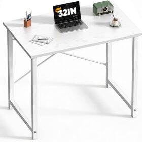 Sweetcrispy 32-Inch Small Computer Desk – Compact Study Table with Sturdy Metal Frame, Scratch-Resistant Wood Top for Home Office & Bedroom (White Wood)