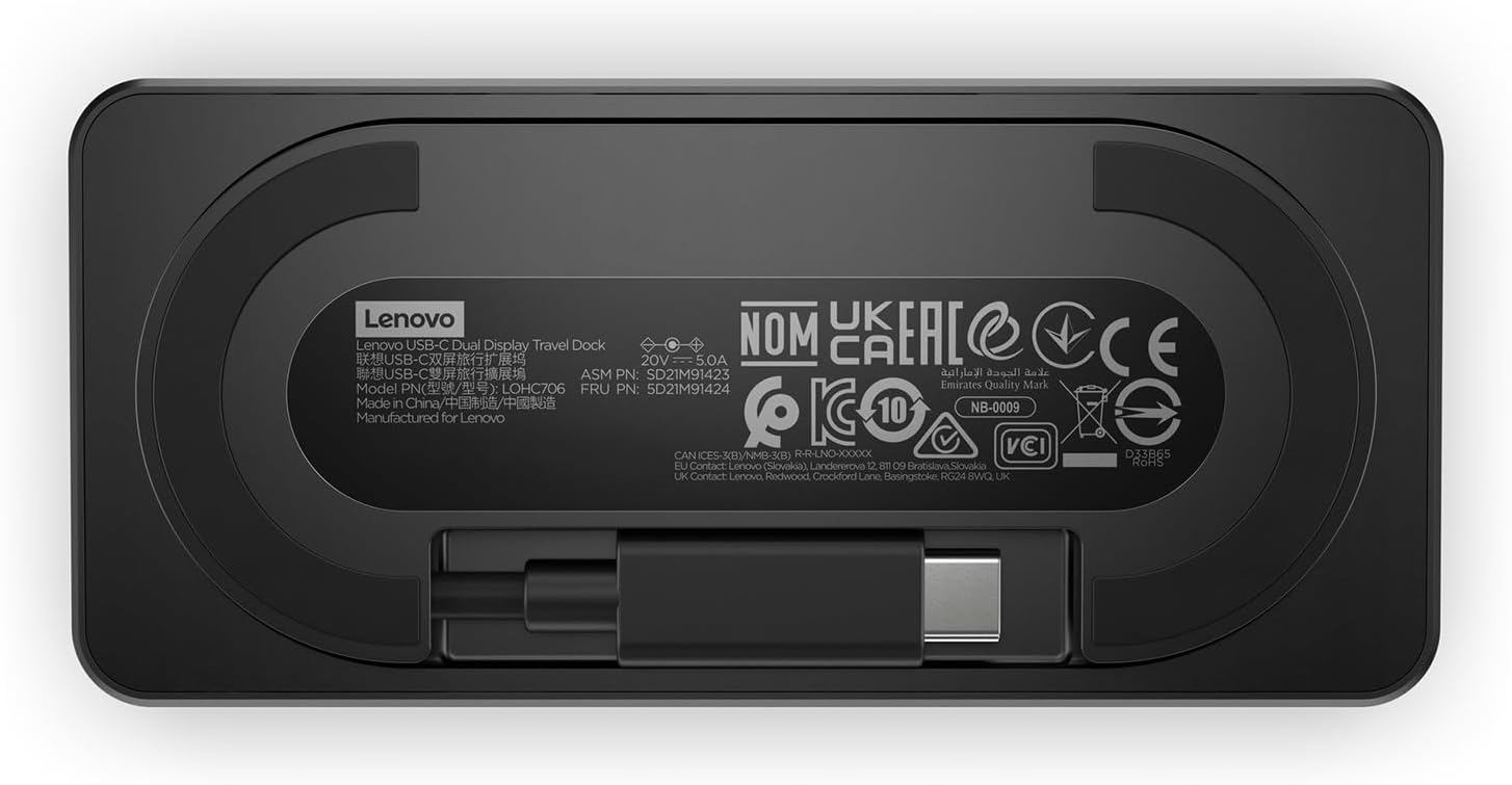 Lenovo USB-C Dual Display Travel Dock with Power Delivery – 7-in-1 Portable Hub, 4K Resolution Support, Integrated Cable (Black)