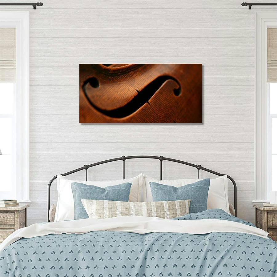 Viola Instrument Close Up Canvas Wall Art - Large Framed Music Room Decor, Rustic Antique Musical Instruments Print, 24x47 Inch Wood Framed Artwork for Living Room & Bedroom