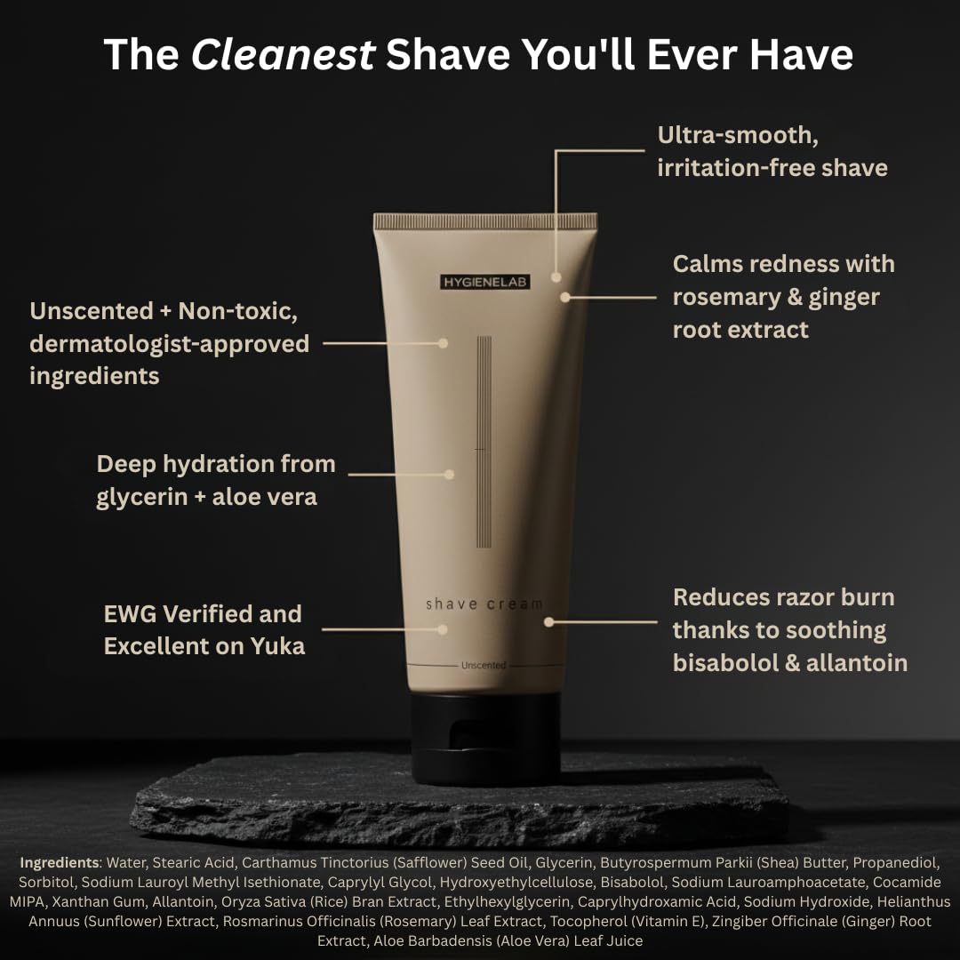 HygieneLab Natural Shaving Cream for Men – Fragrance-Free, 100/100 Yuka Rated, Non-Toxic Formula with Aloe Vera & Shea Butter – Soothes Sensitive Skin & Reduces Razor Burn (6.76 oz)