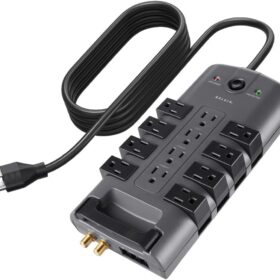 Belkin 12-Outlet Pivot Surge Protector – 4320 Joule, 8 Rotating & 4 Standard AC Ports, 8ft Flat Plug Power Strip for Home & Office
