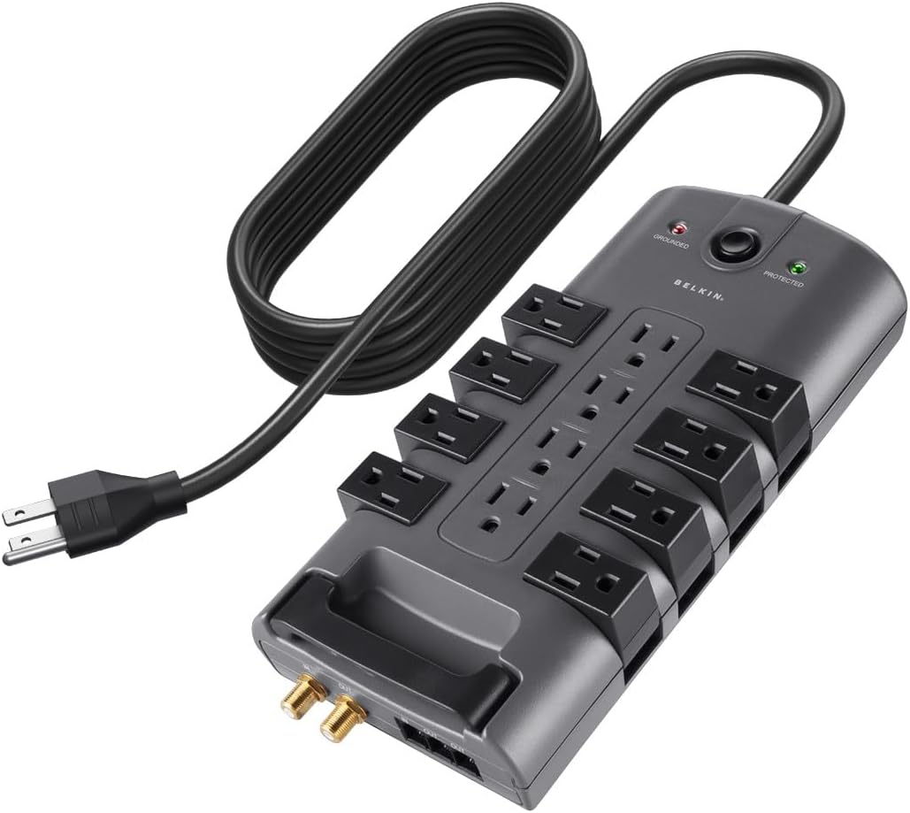 Belkin 12-Outlet Pivot Surge Protector Power Strip – 4320 Joule, 8ft Flat Plug & Rotating Sockets for Home & Office