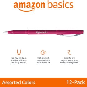 Amazon Basics Felt Tip Marker Pens – 12-Count Assorted Color Set for Journaling, Drawing, and Writing