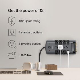 Belkin 12-Outlet Pivot Surge Protector – 4320 Joule, 8 Rotating & 4 Standard AC Ports, 8ft Flat Plug Power Strip for Home & Office