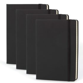 Simply Genius A5 Hardcover Journal Notebook 4-Pack – 192 Page College Ruled Lined Journal with Pocket, Elastic Closure & Ribbon Bookmark – Premium Black Travel & Office Notebooks Set