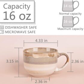 Bosmarlin 16oz Jumbo Latte Mug Set – Large Ceramic Coffee Cups with Comfort Grip Handles, Brown Grey (Set of 2)